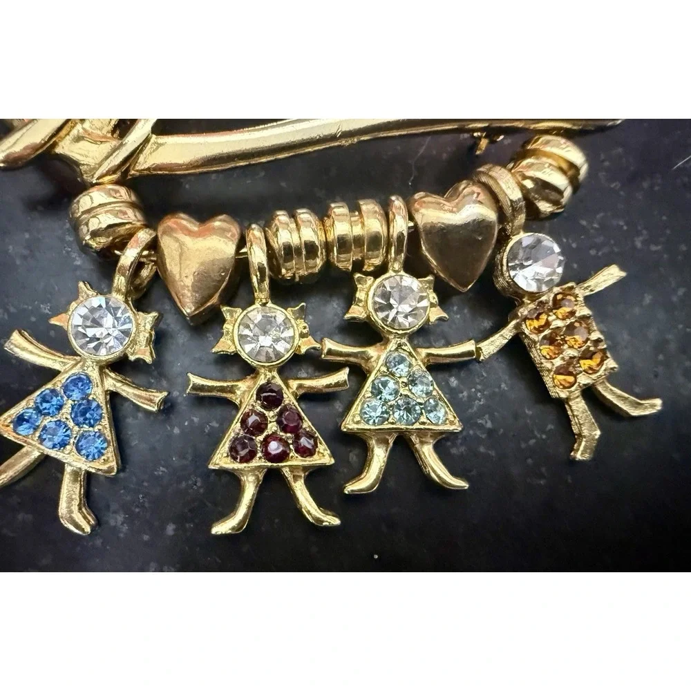 2 Vintage K.I.S. Grandma Gold Tone Brooch Pins Grandchildren Rhinestone Lot